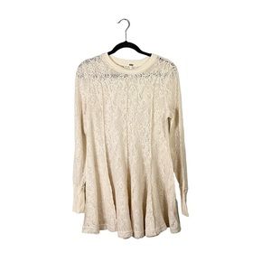 Free People Cream Boho Preppy Lace Flowy Long Sleeve Tunic Blouse Size Small